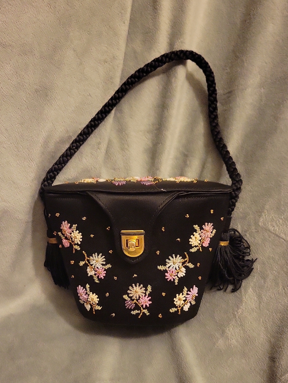 Handmade Black Embroidered Floral Shoulder Bag with Tassel Handle From France